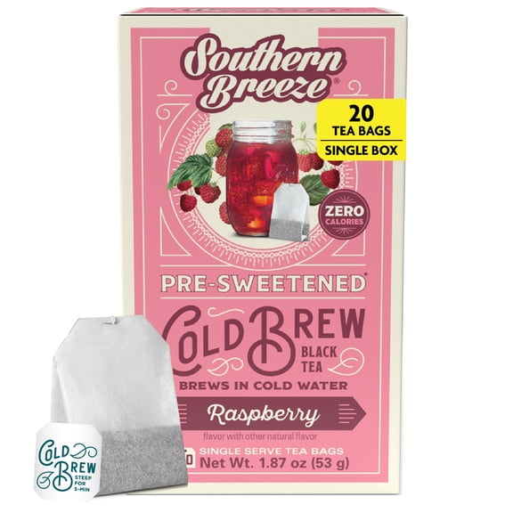 Southern Breeze Cold Brew Sweet Tea Raspberry Iced Tea with Black Tea and Zero Carbs Zero Sugar, 20 Individually Wrapped Tea Bags Southern Sweet Tea Iced Tea Beverage