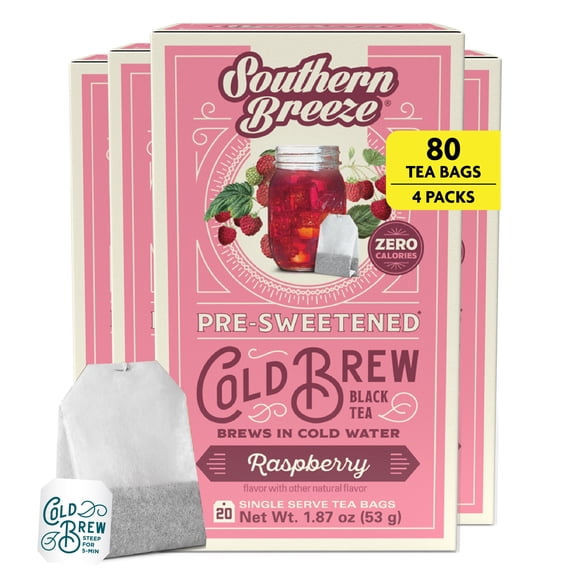 Southern Breeze Cold Brew Sweet Tea Raspberry Iced Tea with Black Tea and Zero Carbs Zero Sugar, 20 Individually Wrapped Tea Bags, Pack of 4