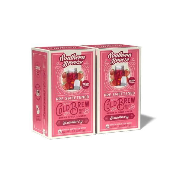 Southern Breeze Cold Brew Sweet Tea Strawberry Iced Tea with Black Tea and Zero Carbs Zero Sugar, 20 Individually Wrapped Tea Bags (Pack of 2) Southern Sweet Tea Iced Tea Beverage