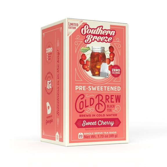 Southern Breeze Cold Brew Sweet Tea Sweet Cherry Iced Tea with Black Tea and Zero Carbs Zero Sugar, 20 Individually Wrapped Tea Bags Southern Sweet Tea Iced Tea Beverage
