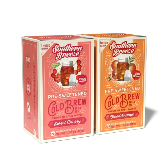 Southern Breeze Cold Brew Sweet Tea Variety Pack Iced Tea with Black Tea and Zero Carbs Zero Sugar, 20 Individually Wrapped Tea Bags, Pack of 2 Seasonal Flavors Sweet Cherry & Blood Orange