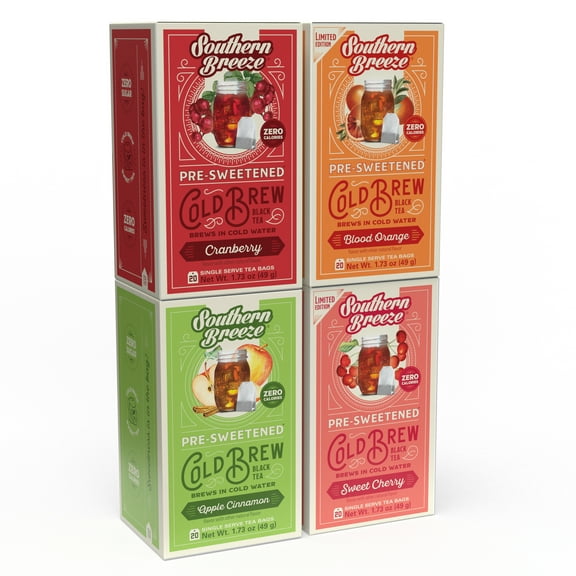 Southern Breeze Cold Brew Sweet Tea Variety Pack Iced Tea with Black Tea and Zero Carbs Zero Sugar, 20 Individually Wrapped Tea Bags, Pack of 4, Sweet Cherry, Blood Orange, Cranberry & Apple Cinnamon
