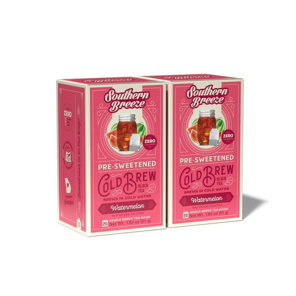 Southern Breeze Cold Brew Sweet Tea Watermelon Iced Tea with Black Tea and Zero Carbs Zero Sugar, 20 Individually Wrapped Tea Bags (Pack of 2) Southern Sweet Tea Iced Tea Beverage