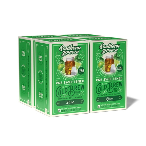 Southern Breeze Lime Cold Brew Sweet Tea Lime Iced Tea with Black Tea and Zero Carbs Zero Sugar, 20 Individually Wrapped Tea Bags Pack of 4