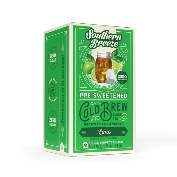 Southern Breeze Lime Cold Brew Sweet Tea Lime Iced Tea with Black Tea and Zero Carbs Zero Sugar, 20 Individually Wrapped Tea Bags