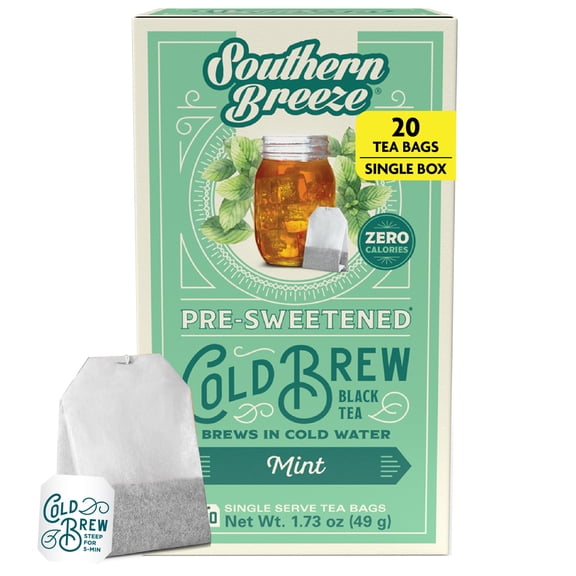 Southern Breeze Cold Brew Sweet Tea Mint Iced Tea with Black Tea and Zero Carbs Zero Sugar, 20 Individually Wrapped Tea Bags Southern Sweet Tea Iced Tea Beverage