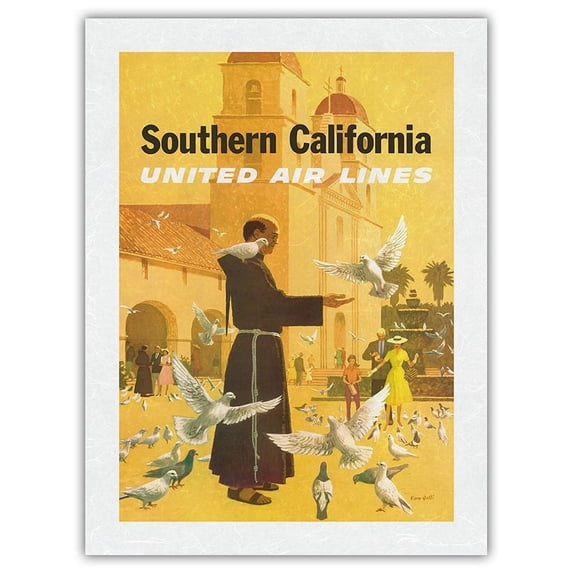 Southern California - Spanish Mission Padre Feeding Birds - United Air Lines - Vintage Airline Travel Poster by Stan Galli c.1950s - Japanese Unryu Rice Paper Art Print 24 x 32 in