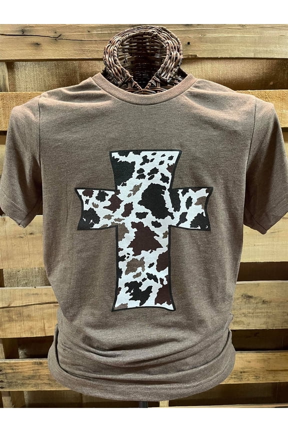 Southern Chics Apparel Cow Print Cross Canvas T Shirt