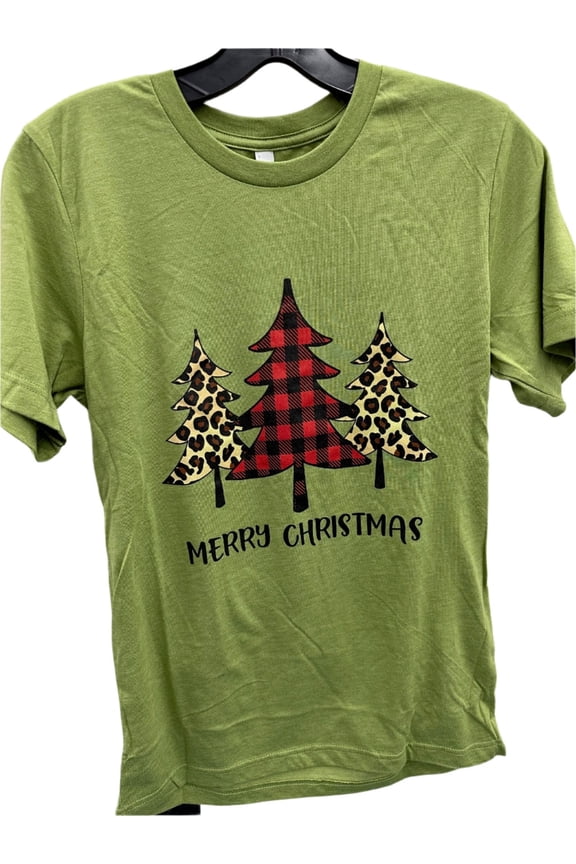 Southern Chics Apparel Merry Christmas Tree Leopard Plaid Canvas T-Shirt
