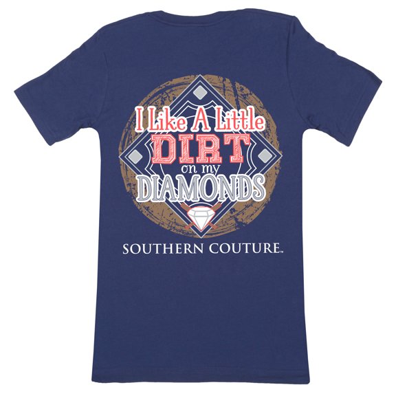 Southern Couture Classic Collection Dirt On My Diamonds Baseball Bling Short Sleeve Womens Classic Fit T-Shirt; Metro Blue, Small