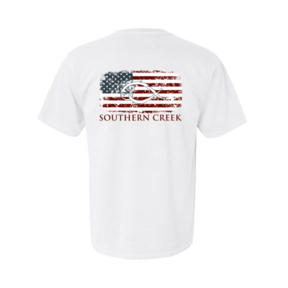 Southern Creek American Flag Classic Logo Outdoors Sporting Fishing Hook Adult Unisex Short Sleeve T-Shirt