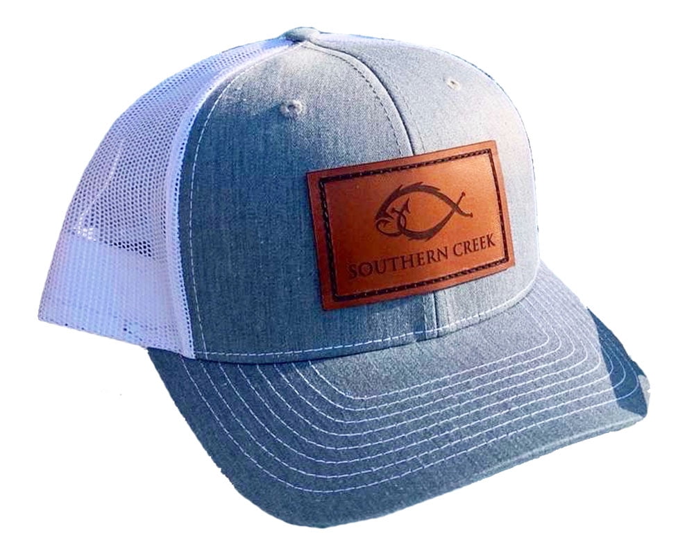 Southern Creek Classic Logo Fishing Hook Leather Patch Adjustable Trucker  Hat, Heather Grey/White 