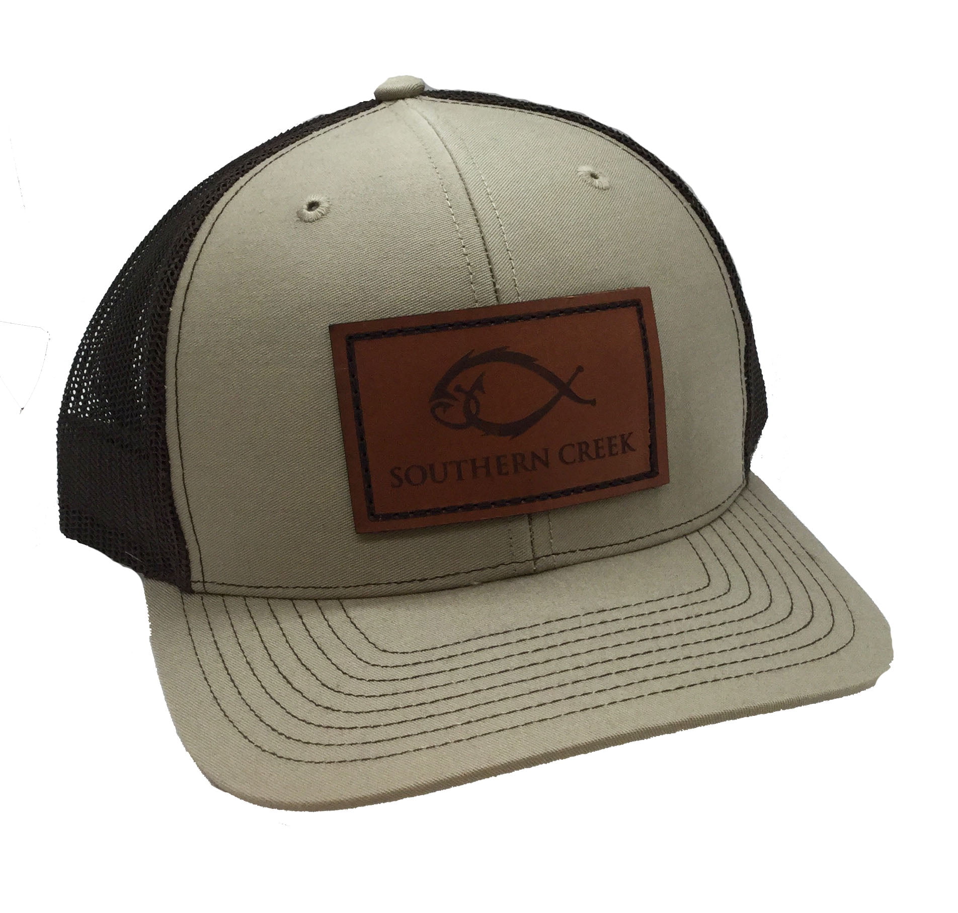 Southern Creek Classic Logo Fishing Hook Leather Patch Adjustable Trucker  Hat, Heather Grey/White 