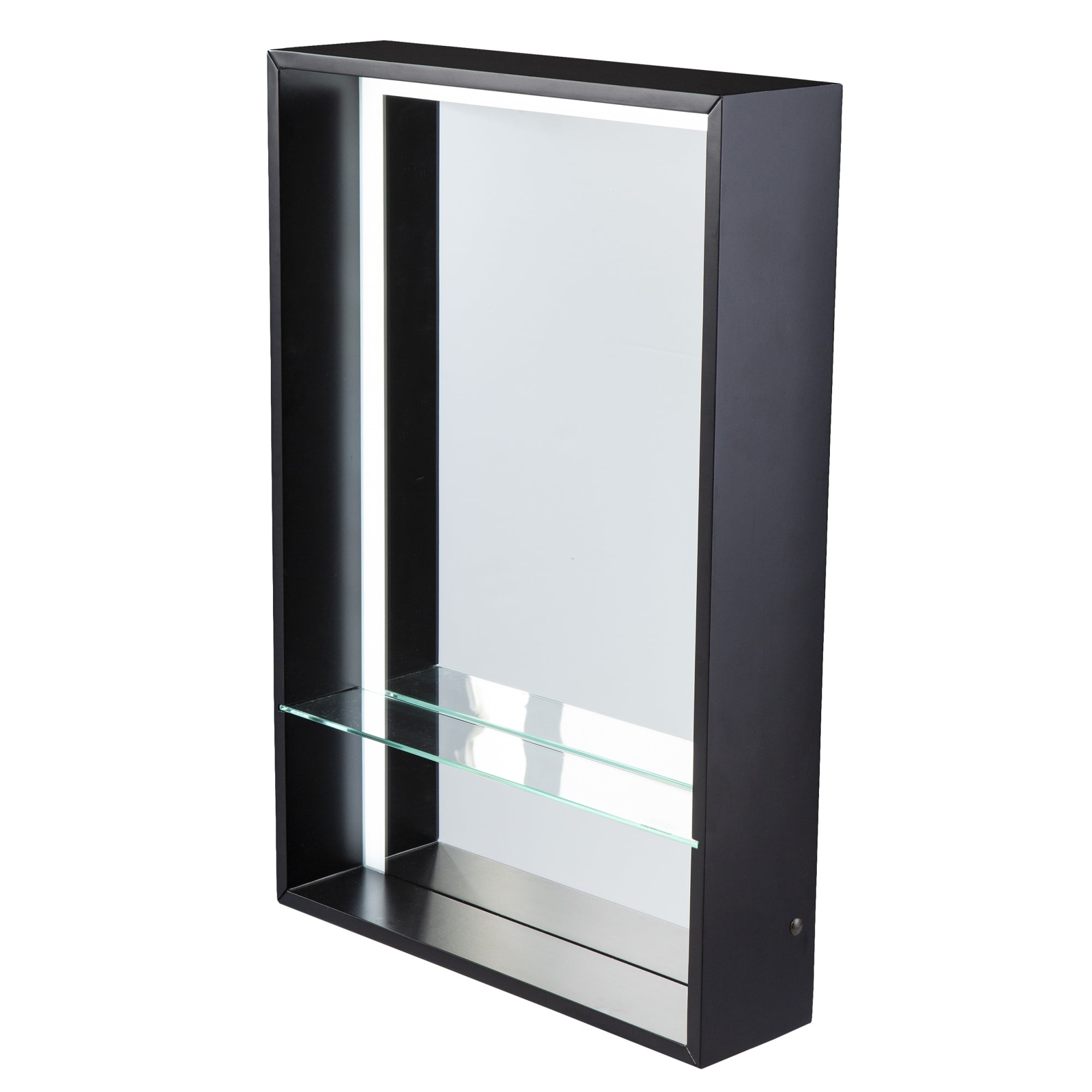 Black Rectangular Wooden LED Lighted Wall Mirror with Glass Shelf