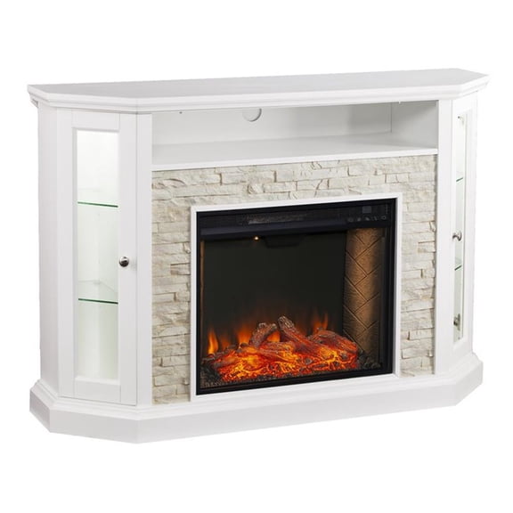 SEI Furniture Redden Storage Wood Corner Convertible Smart Fireplace in White