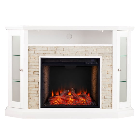 Southern Enterprises 45.5" White and Beige Redden Corner Convertible Electric Fireplace with Storage