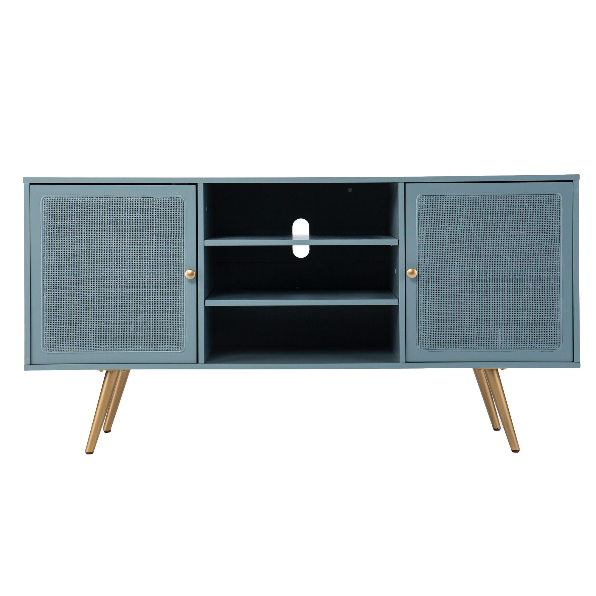 Teal Green and Gold Rattan Media Console with Adjustable Shelves