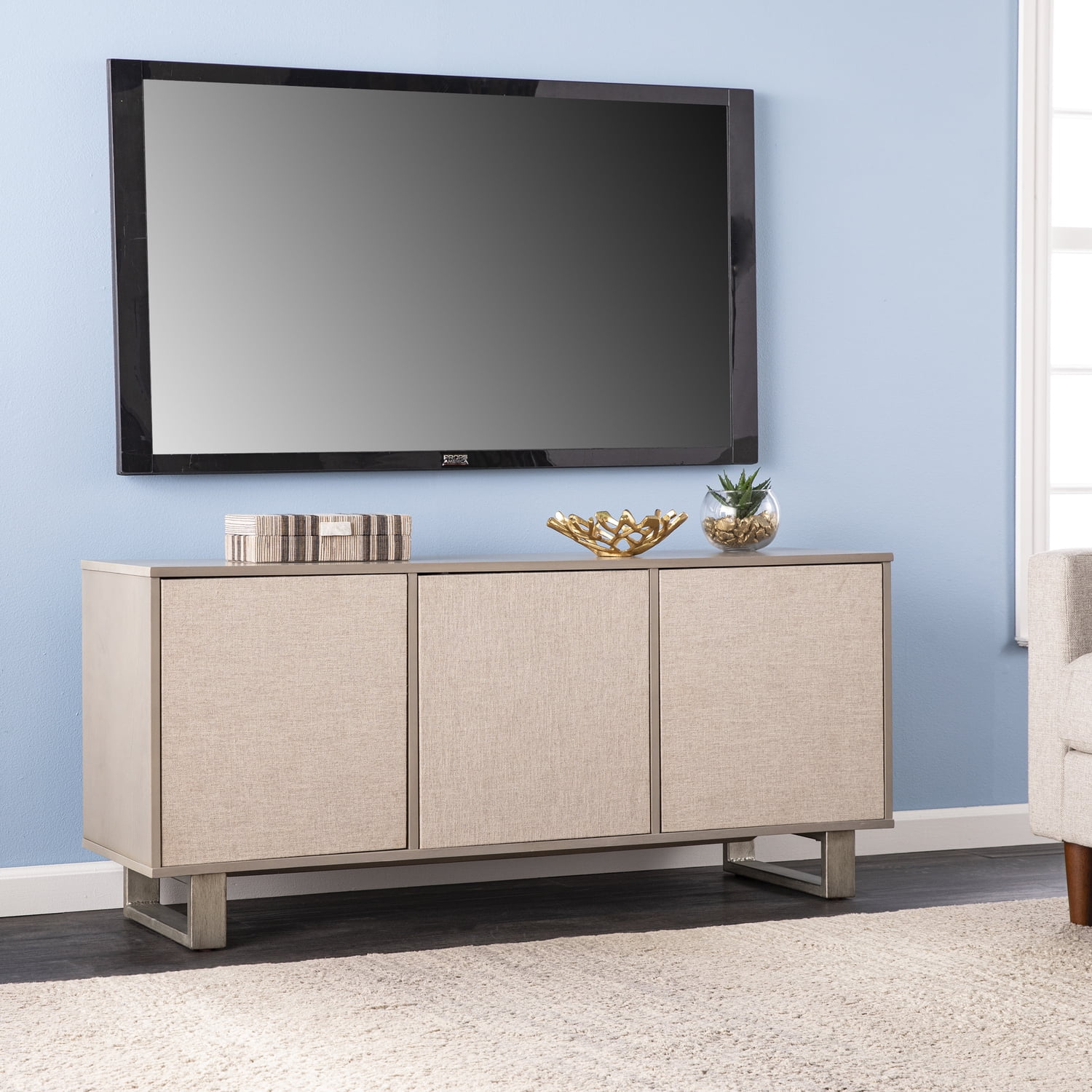Gray Linen and Wood 3-Door Media Console with Cabinet