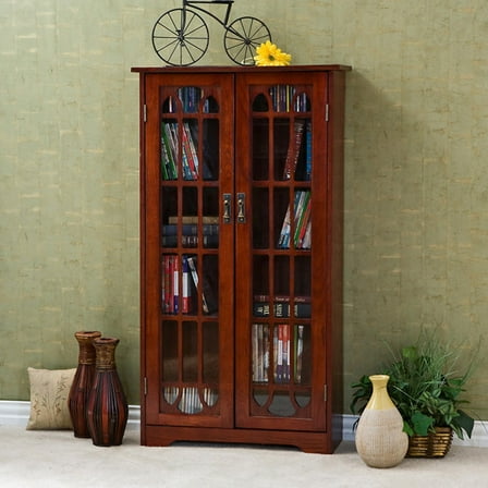Southern Enterprises Glass Window Pane Media Cabinet Bookcase - Cherry