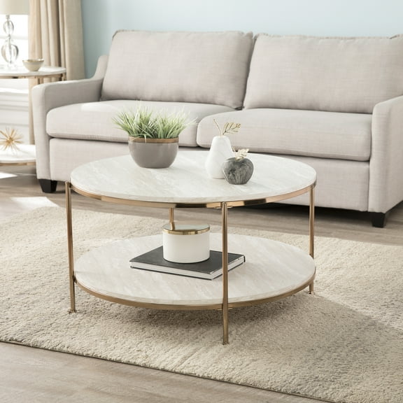 Southern Enterprises Silas 33.25" Round Faux Stone Top Coffee Table in White