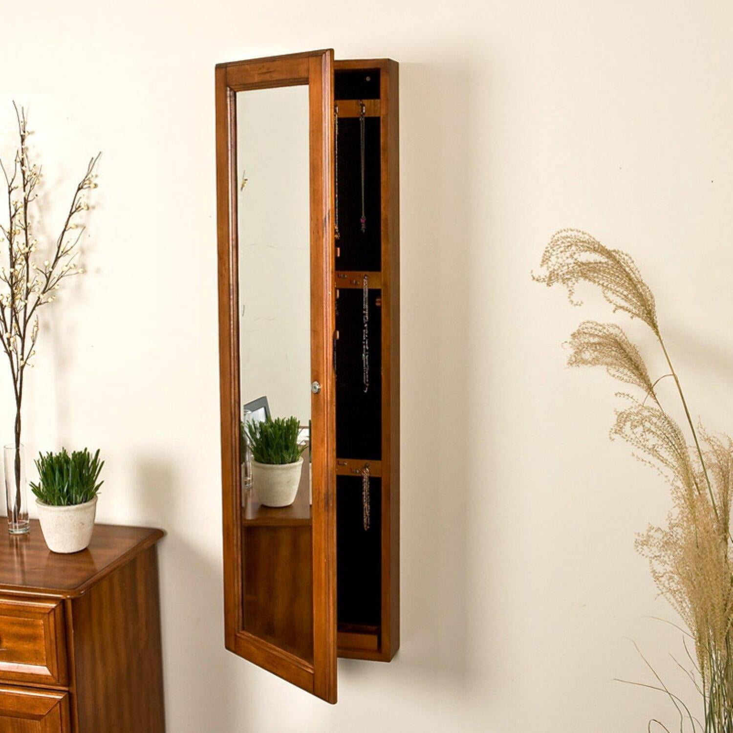 Southern Enterprises Wall-Mounted Mirror Jewelry Armoire, Warm Brown