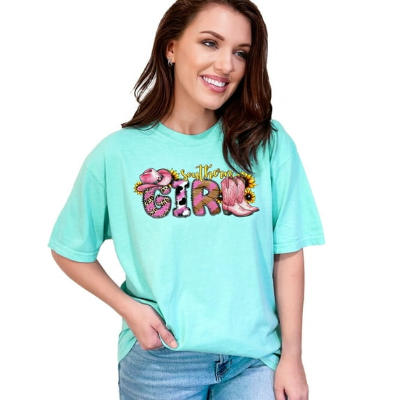 Southern Girl T-Shirt, Cowgirl Hat and Boots Design, Western Style Graphic Tee, Cute Southern Girl Apparel, Country Chic Shirt, Chalky Mint Comfort Colors T-Shirt, 3XL