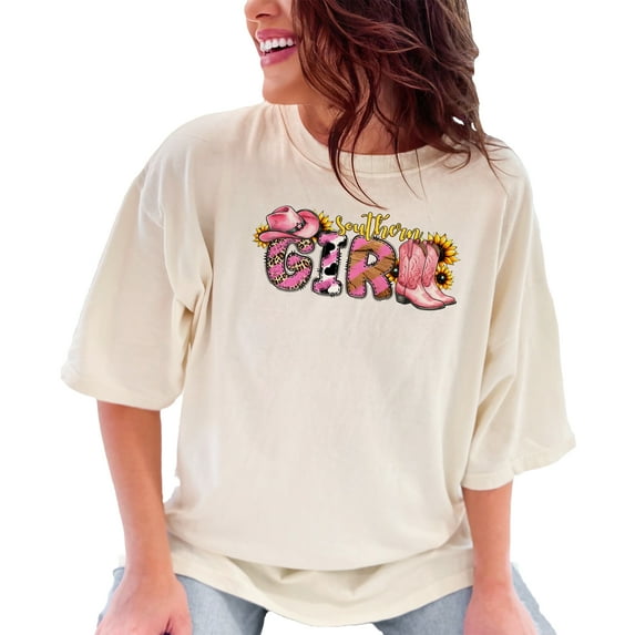 Southern Girl T-Shirt, Cowgirl Hat and Boots Design, Western Style Graphic Tee, Cute Southern Girl Apparel, Country Chic Shirt, Ivory Comfort Colors T-Shirt, 2XL