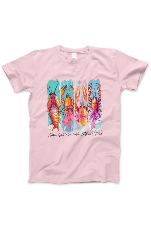 Southern Girls Know How To Pinch A Tail T-Shirt – Cute Crawfish Boil Graphic Tee with Pink Bows, Funny Summer Seafood Party Shirt for Women