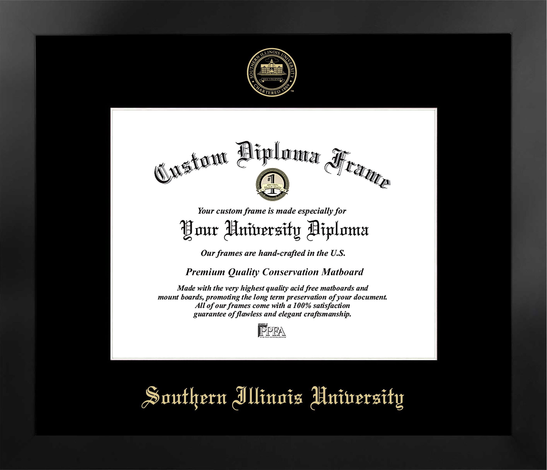 Southern Illinois University 11w x 8.5h Manhattan Black Single Mat Gold Embossed Diploma Frame with Bonus Campus Images Lithograph (value savings at $59)