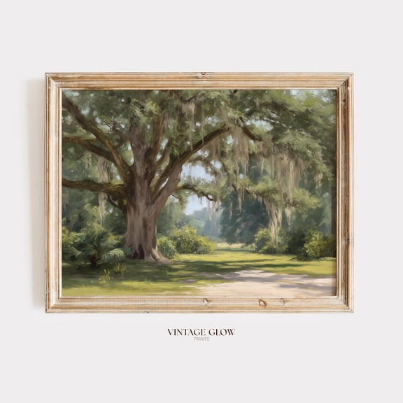 Southern Live Oak Tree Print Vintage Spanish Moss Landscape Wall Art