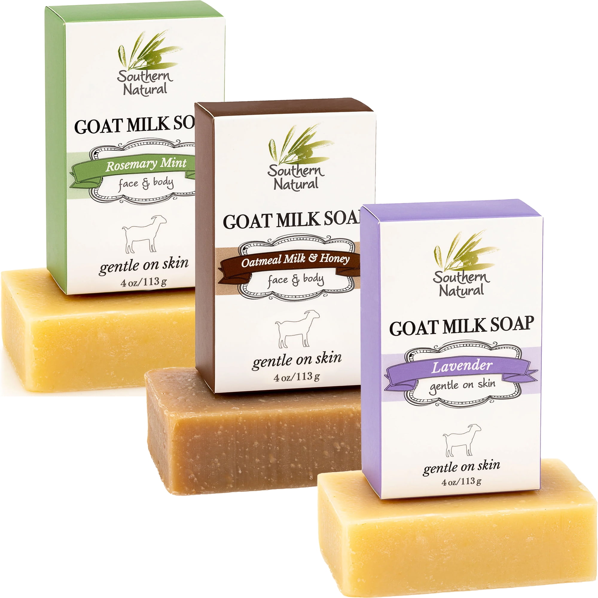 Southern Natural Goat Milk Soap Bar (Variety 3 Pack) Lavender, Oatmeal Milk & Honey, Rosemary Mint - For Dry Sensitive Skin. For Men, Women, Kids & Baby. (Each Bar 4-4.5 oz)