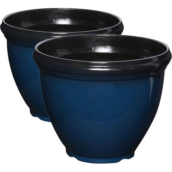 Southern Patio 12 Inch Heritage Round Outdoor Patio Porch Resin Plastic Lightweight Planter Pot w/ Glossy Finish, Monaco Blue 2 Pack