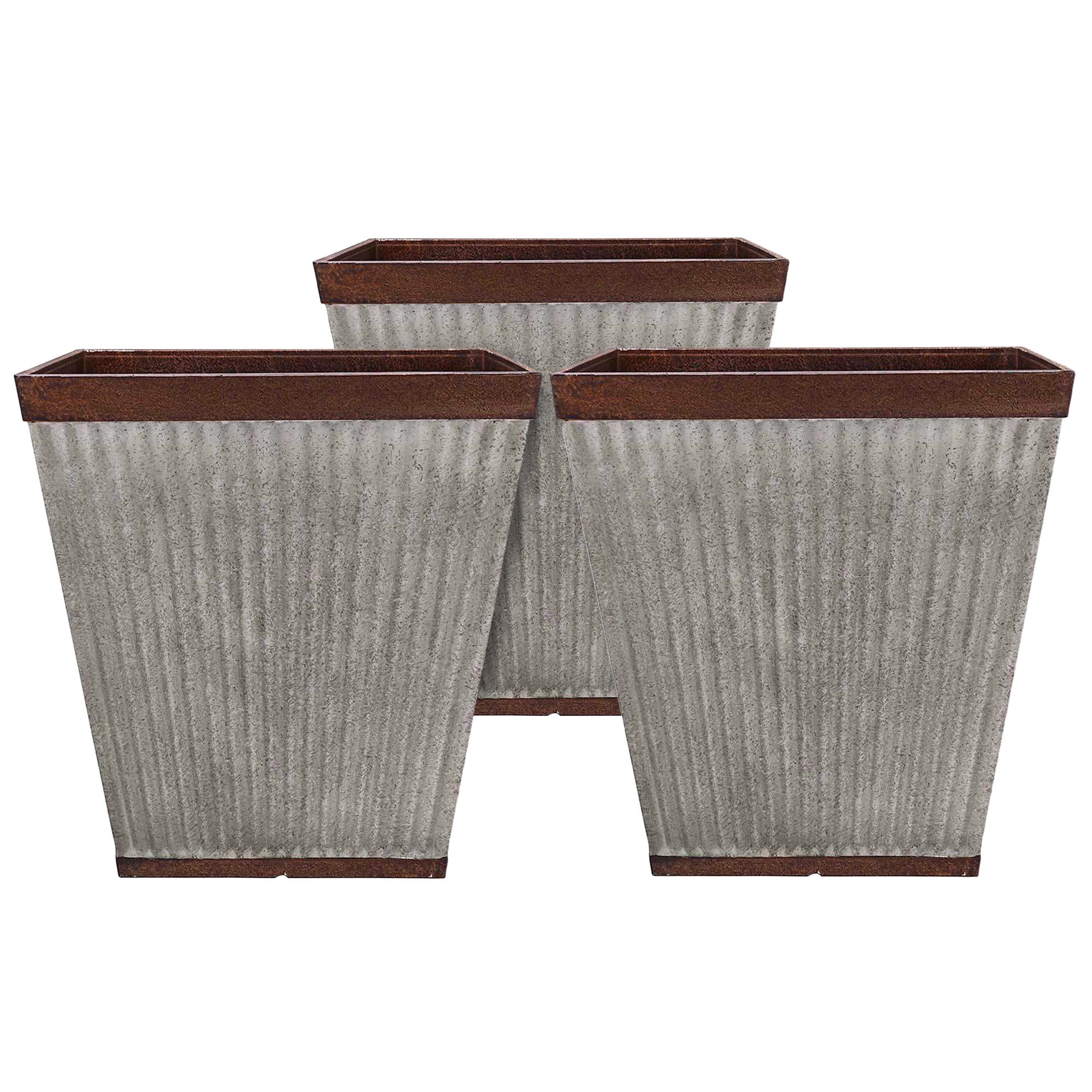 Rustic Galvanized Resin 16" Square Garden Planter, Weathered Finish