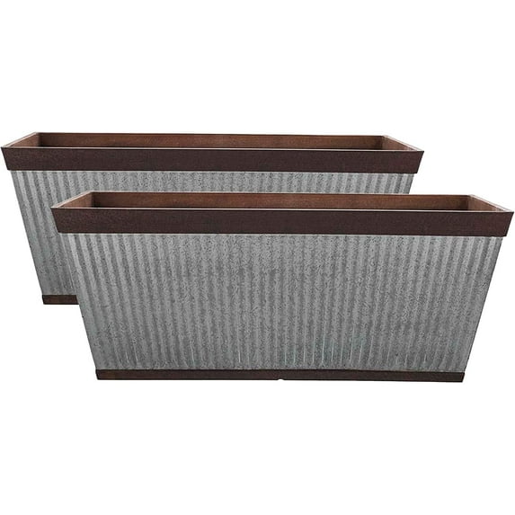 Southern Patio 24 Inch Westlake Outdoor Deck Rail Textured Resin Garden Flower Herb Planter w/ UV Protectors, Rustic Galvanized 2 Pack