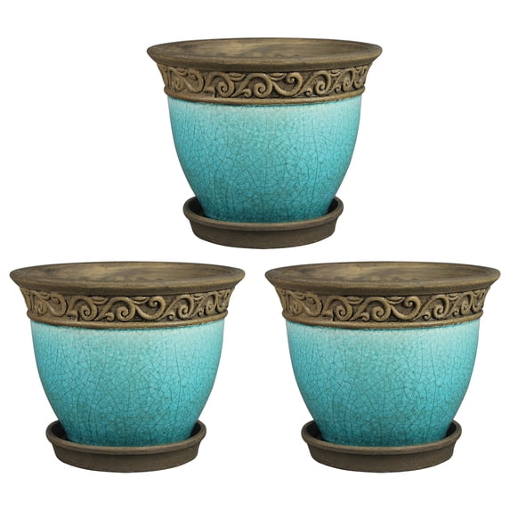 Southern Patio Cadiz 8" Crackled Ceramic Planter with Saucer, Teal (3 Pack)