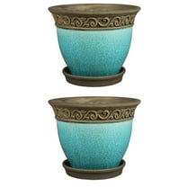Southern Patio Cadiz 8in Ceramic Planter Pot w/Saucer, Teal (2 Pack)