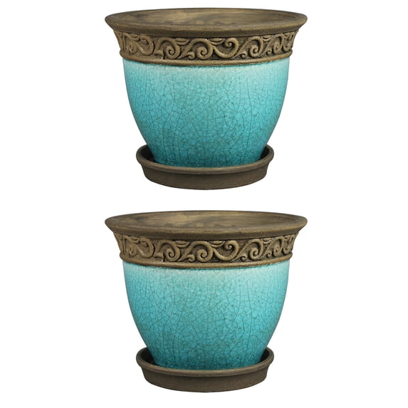 Southern Patio Cadiz 8in Ceramic Planter Pot w/Saucer, Teal (2 Pack)