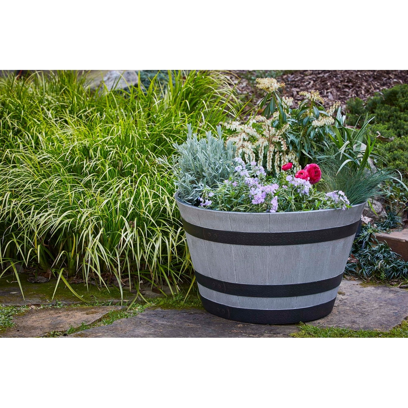 Birchwood Finish Resin Whiskey Barrel Planter, 22.5 inch