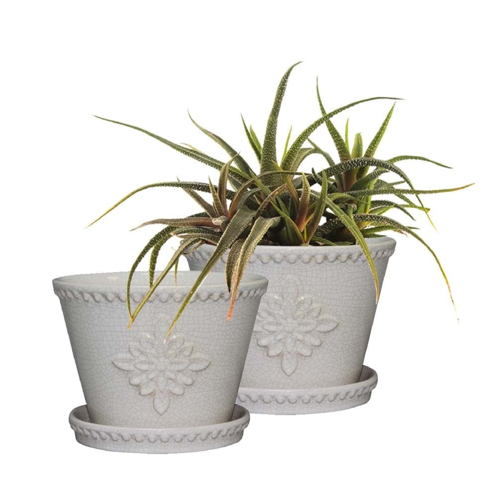 Att Southern CRM-030928 Ceramic Planter With Saucer, Lorna/White Crackle, 8-In. - Quantity 2