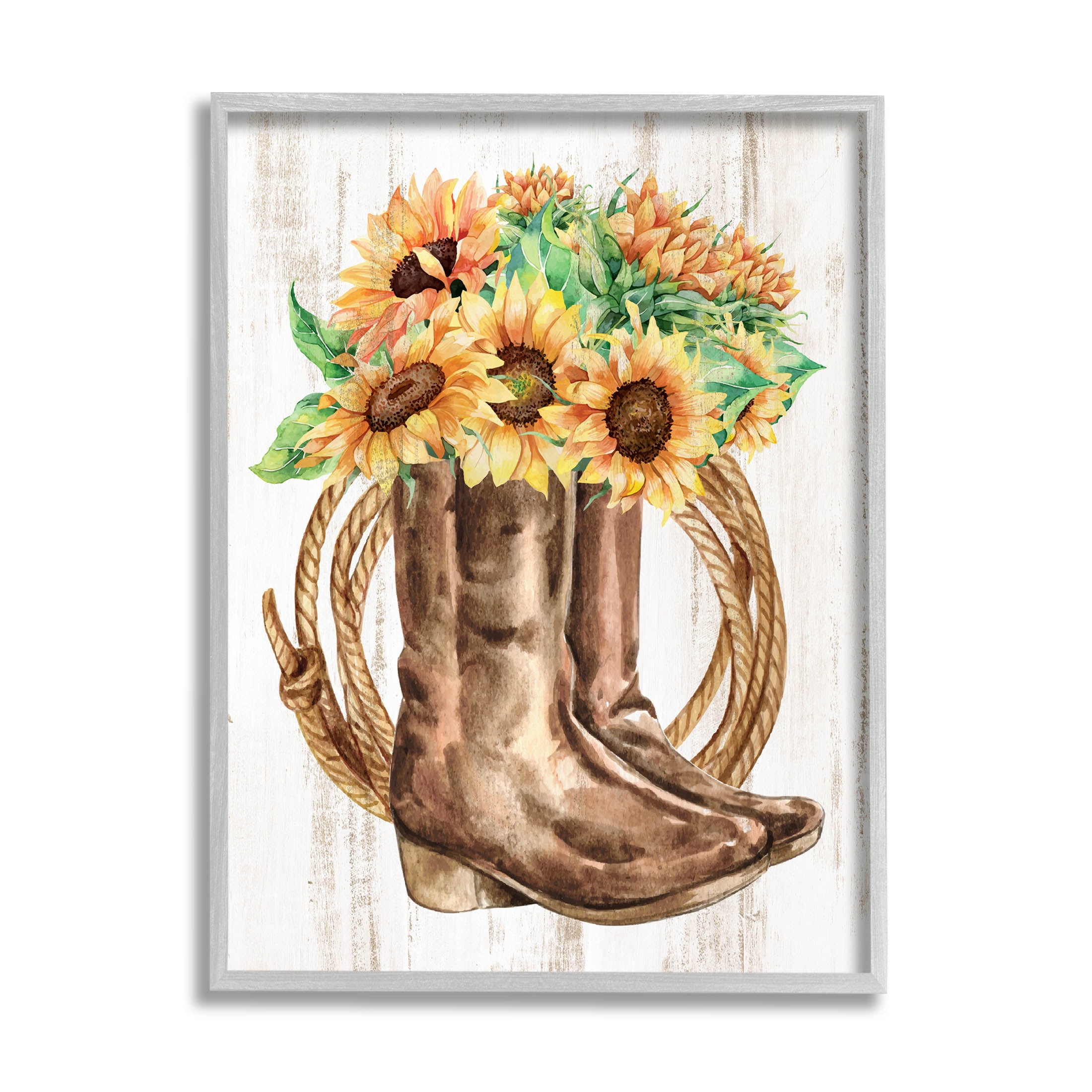 Southern Sunflower Bouquet Boots Botanical & Floral Graphic Art Gray Framed Art Print Wall Art