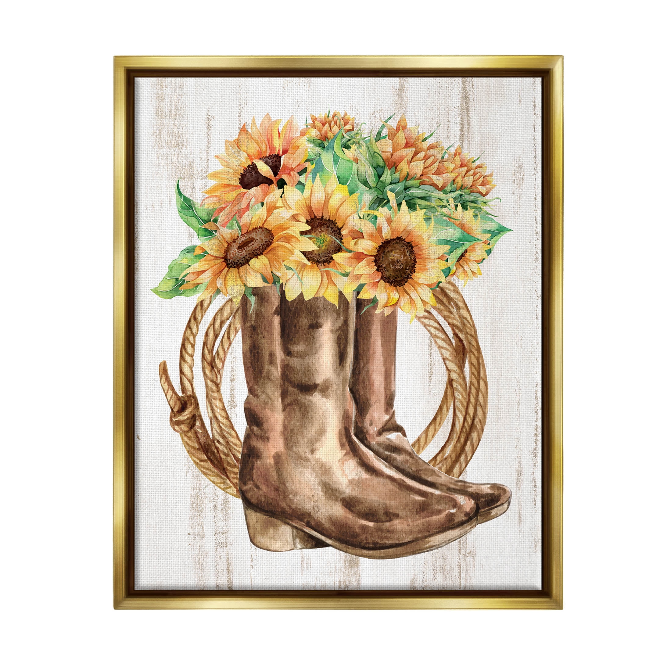 Southern Sunflower Bouquet Boots Botanical & Floral Graphic Art Metallic Gold Framed Art Print Wall Art