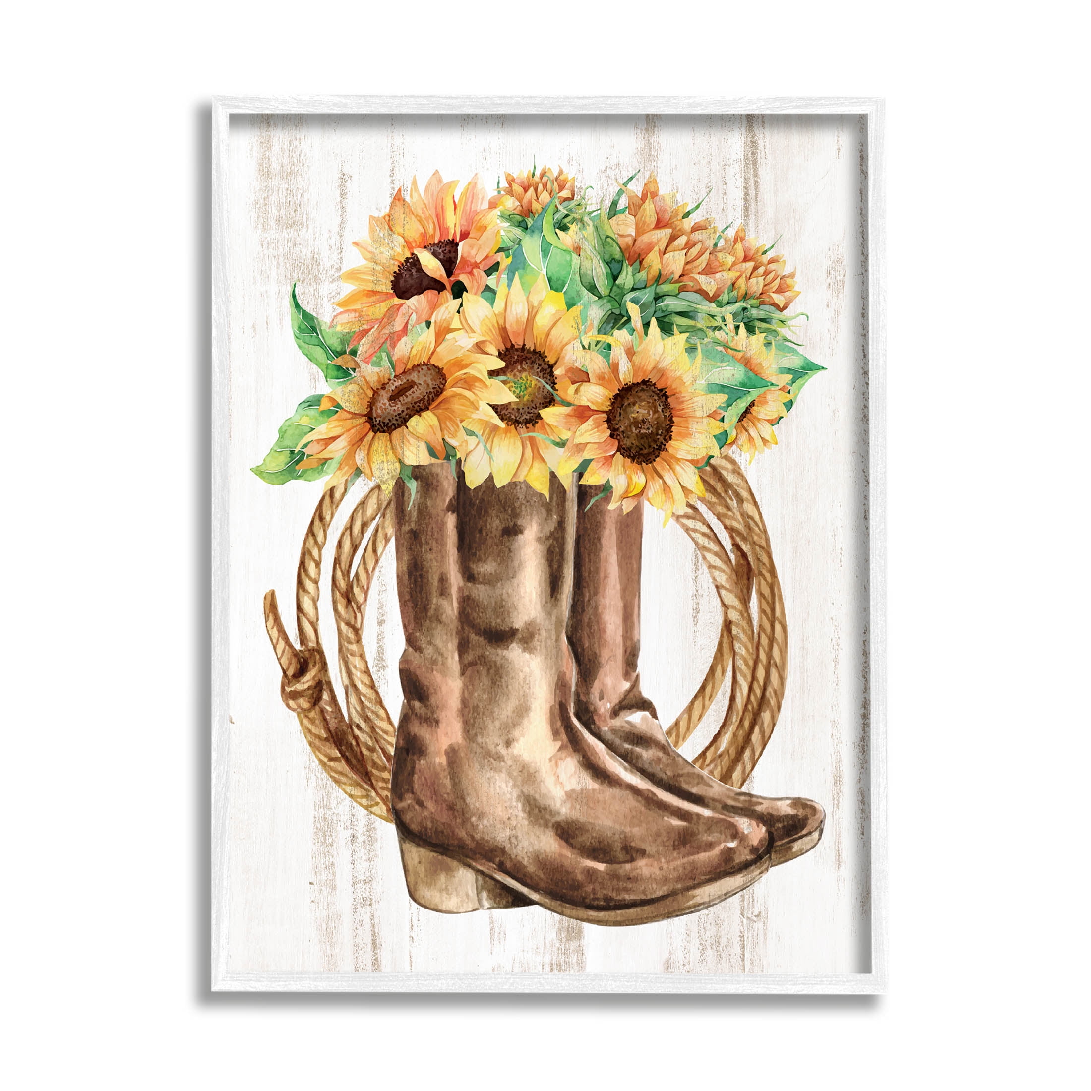 Southern Sunflower Bouquet Boots Botanical & Floral Graphic Art White Framed Art Print Wall Art