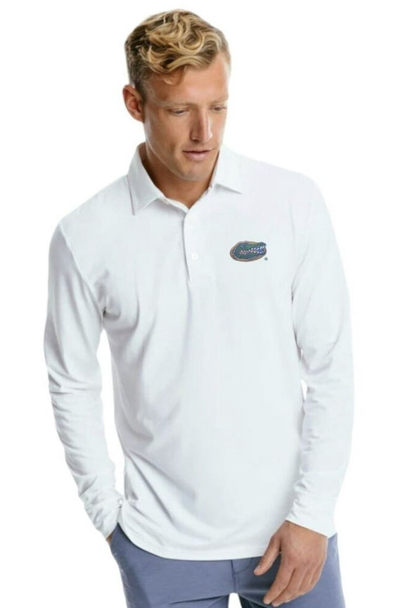 Men's Long Sleeve Polo with Embroidered Gator Logo (White, X-Large)