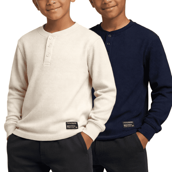 Southpole Boys Thermal Henley Shirt - Waffle Knit Warm Long Sleeve Boys Henley Shirt 2 Pack Casual Top