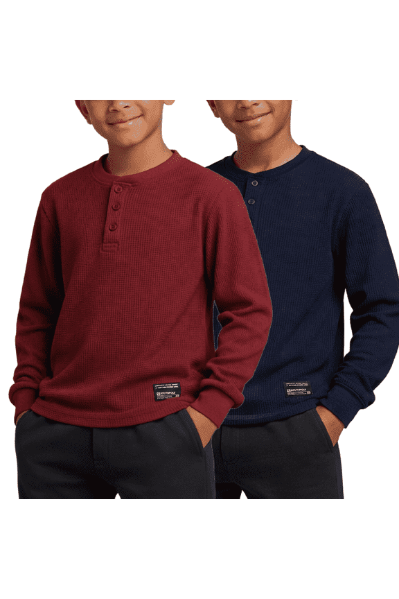 Boys Thermal Henley Shirt - Waffle Knit Warm Long Sleeve Boys Henley Shirt 2 Pack Casual Top