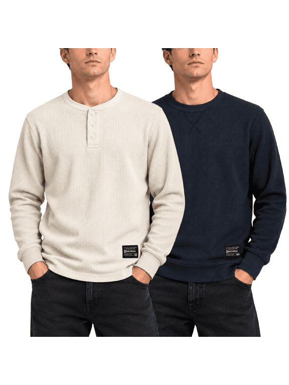 Mens Thermal Shirts - Crewneck and Henley Top Long Sleeve Thermal Shirts for Men 2 Pack