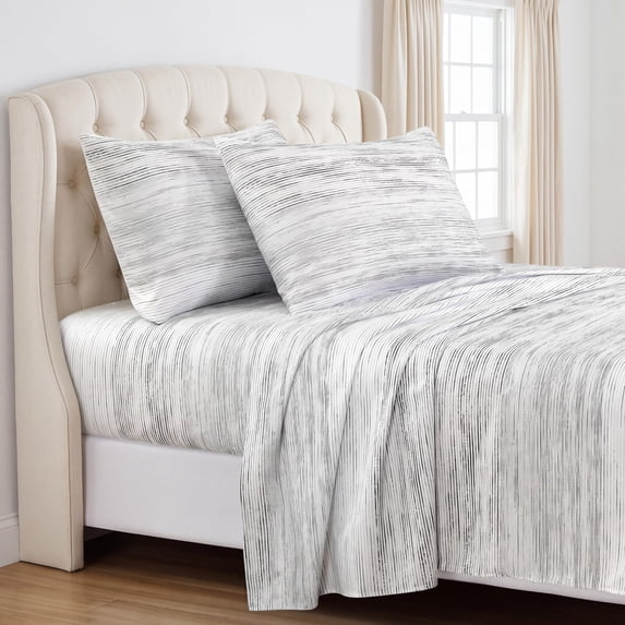 Southshore Fine Linens Quiet Horizon White Striped Patterned Sheet Set, Ultra Soft Brushed Microfiber, 15 Inch Deep Pocket, 4 PCS, 1 Flat Sheet, 1 Fitted Sheet and 2 King Pillowcases, California King