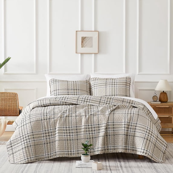 Southshore Fine Linens Vilano Plaid Mocha Full Queen Quilt Set, 3 Piece Lightweight Farmhouse Plaid Coverlet with 2 Standard Shams, 120 GSM Fill