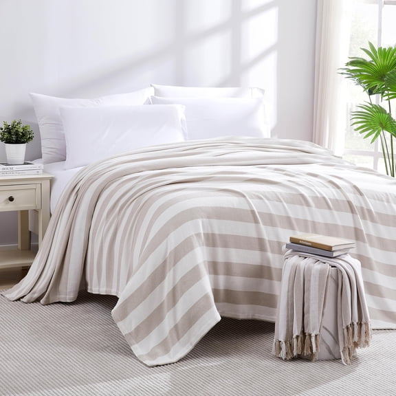 Southshore Fine Living, Inc. 100% Cotton Twin Size Blanket for Any Season, Taupe and White
