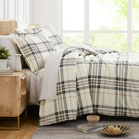 Southshore Fine Living, Inc. 3-Piece California King Size Comforter Set with 2 Pillow Shams, Cozy Double Brushed Microfiber, Down Alternative Comforter, King/California Size, Tofu Cream Plaid